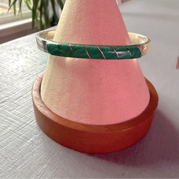Taxco Mexico 925 Sterling Silver Malachite Stone Bangle Bracelet - Picture 7 of 13